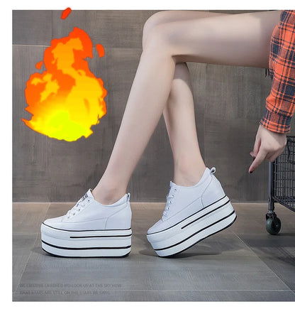 Fujin 10.5cm High Thick Heel Platform Flats Women Casual Shoes Genuine Leather Soft Quality Casual Shoe Sneakers White Black