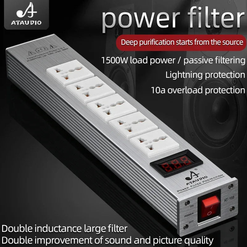 ATAUDIO HIFI Audio Power Filter Noise AC Power Filter Power 1500W 110V-250V  Purifier Surge Protection with EU Universal Outlets
