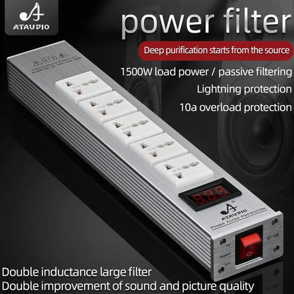 ATAUDIO HIFI Audio Power Filter Noise AC Power Filter Power 1500W 110V-250V  Purifier Surge Protection with EU Universal Outlets