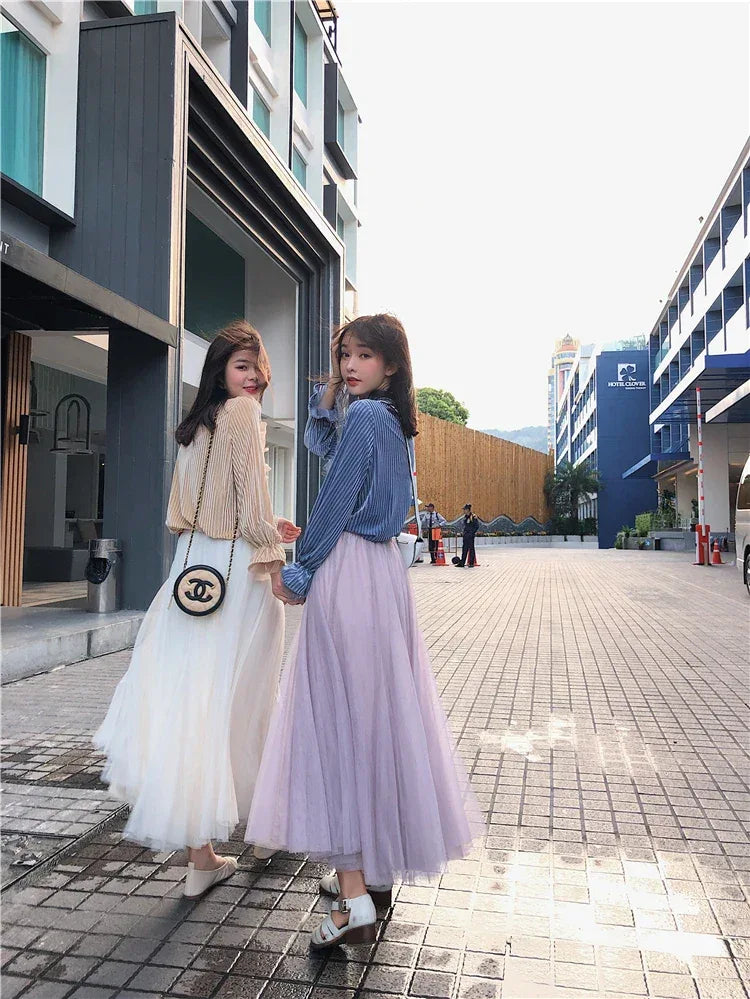 TingYiLi Elegant Tulle Skirt Autumn Winter Big Swing Women Skirt Korean Cute Pink Green Gray Blue Brown Black Long Skirt Tutu
