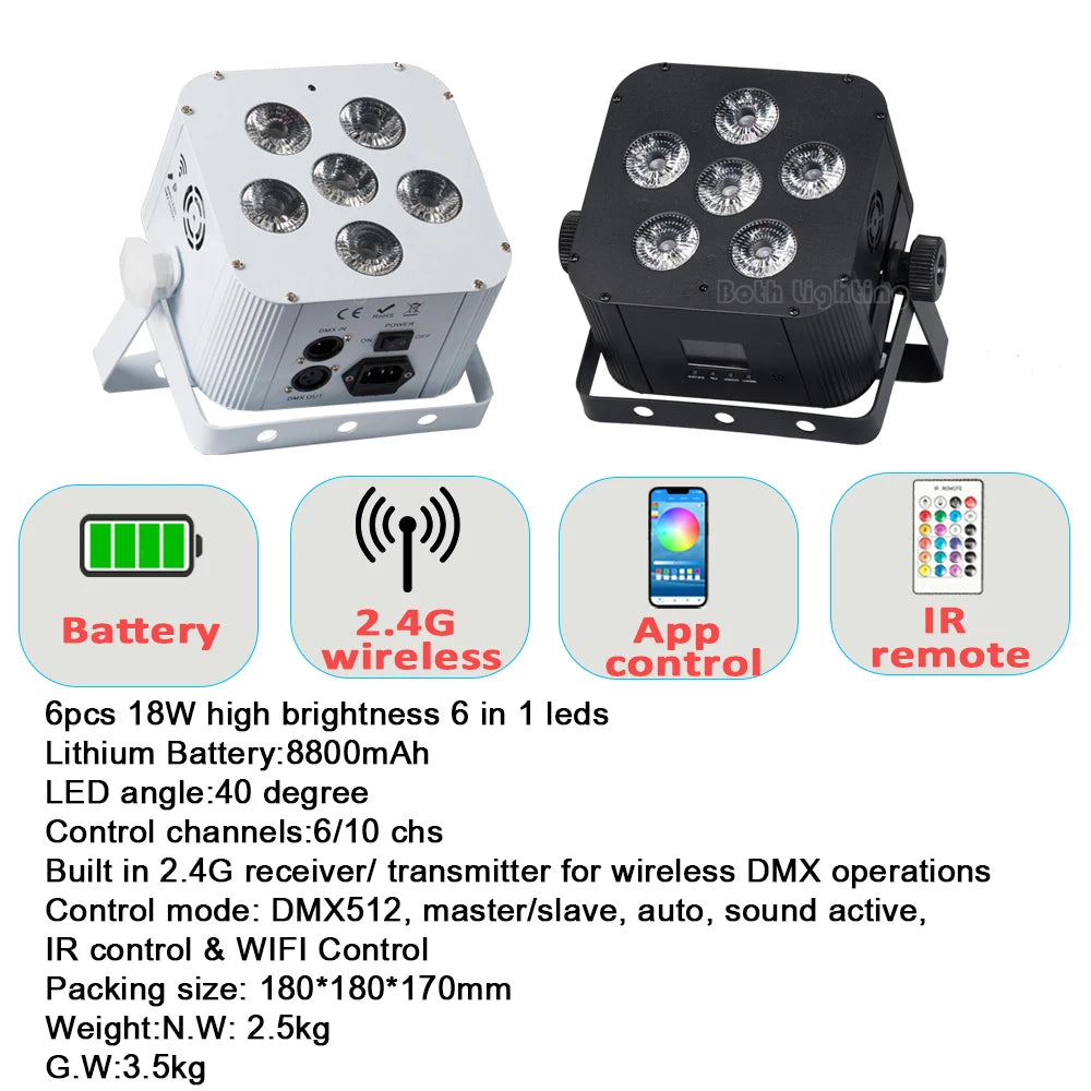 4pcs Battery Operated Light Fixtures Remote & Wifi Control Led Uplight 6X18w RGBWA UV Wireless Led Par Can