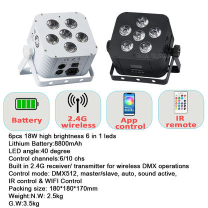4pcs Battery Operated Light Fixtures Remote & Wifi Control Led Uplight 6X18w RGBWA UV Wireless Led Par Can