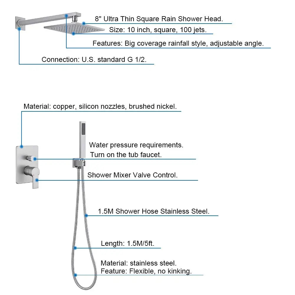 Homein Matte Black Double Handle 2-Function Brass Concealed Shower Set, Pressure Balance Valve Rainfall Shower System