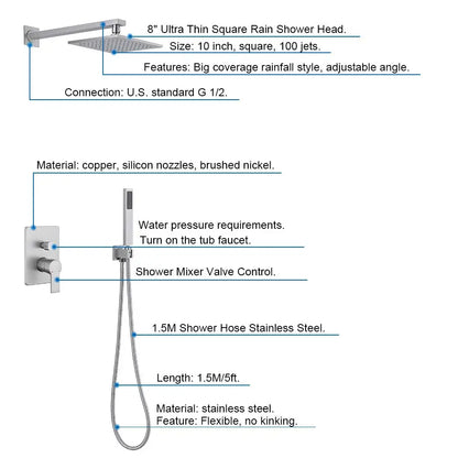 Homein Matte Black Double Handle 2-Function Brass Concealed Shower Set, Pressure Balance Valve Rainfall Shower System