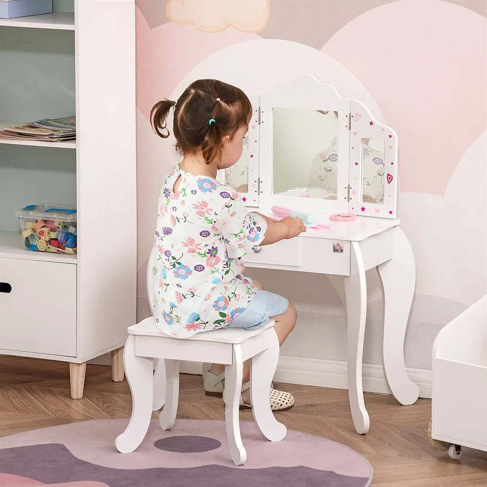 Homcom Wooden Children's Dressing Table with Mirror Stool Drawer Makeup Table Pink