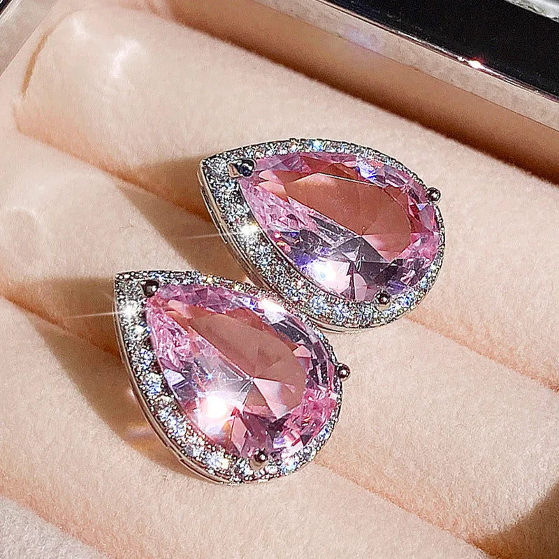 E1301 Pink Pear Cut Stud Earrings With Pink Gemstone Bezel Setting For Women Romantic Party Fashion Jewelry
