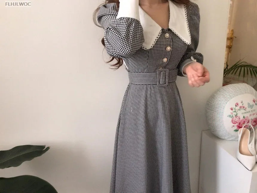 2021 Autumn Spring Basic Belt Plaid Shirt Dress Long Maxi Feminine Vestidos Chic Korea Design Clothes