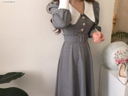 2021 Autumn Spring Basic Belt Plaid Shirt Dress Long Maxi Feminine Vestidos Chic Korea Design Clothes