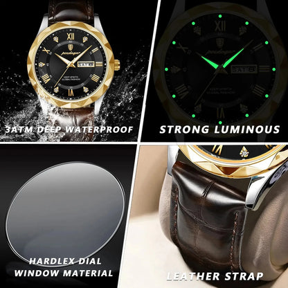 POEDAGAR Watches for Men Classic Luxury Week Display Sports Quartz Watch Mens Waterproof Leather Band Date Wristwatches Male