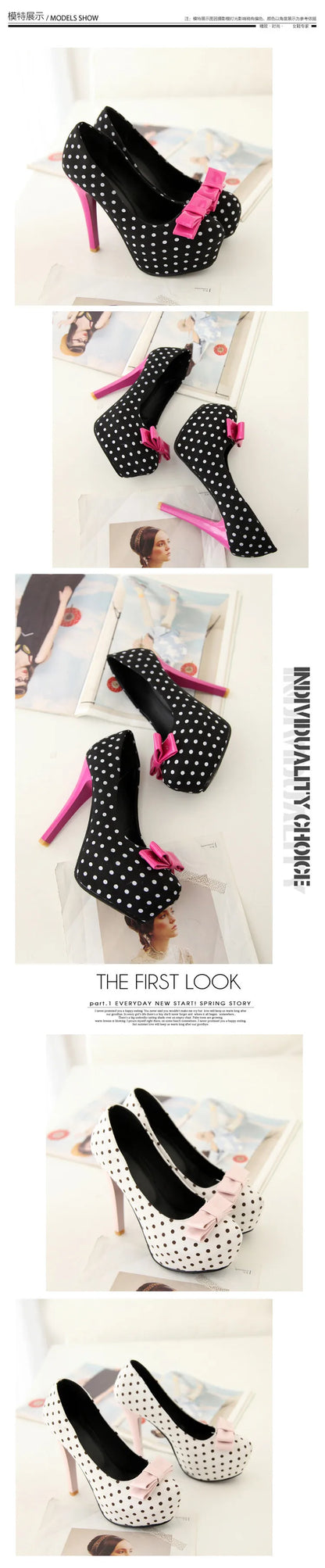 Voesnees New Sweet Bow Stiletto Pumps Polka Dot Pattern Comfortable Waterproof Platform Women Shoes 12CM High-Heel Single Shoes