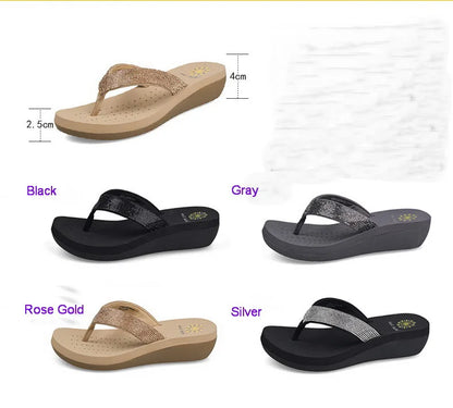 Best Selling Womens Slides Quality Rhinestone Slope Heel Flip-flops Non-slip Elastic Insoles Korean Fashion Summer Sandals