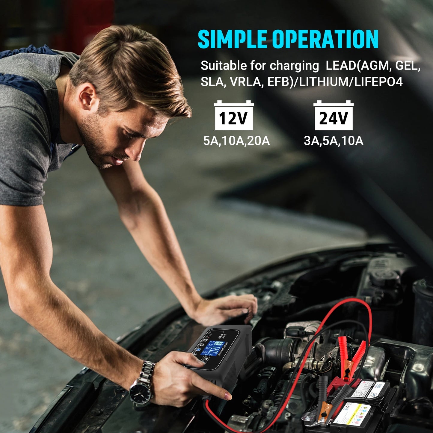 HTRC 20-Amp Smart Battery Charger for Lithium LiFePO4 Lead-Acid AGM/Gel/SLA Batteries Car/Motorcycle/Scooter Trickle Charger