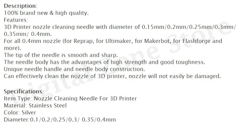 10Pcs Stainless Steel Nozzle Cleaning Needles 0.15mm 0.2mm 0.25mm 0.3mm 0.35mm 0.4mm Drill Bits 3D Printer Parts