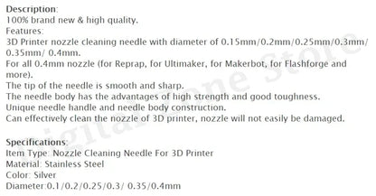 10Pcs Stainless Steel Nozzle Cleaning Needles 0.15mm 0.2mm 0.25mm 0.3mm 0.35mm 0.4mm Drill Bits 3D Printer Parts