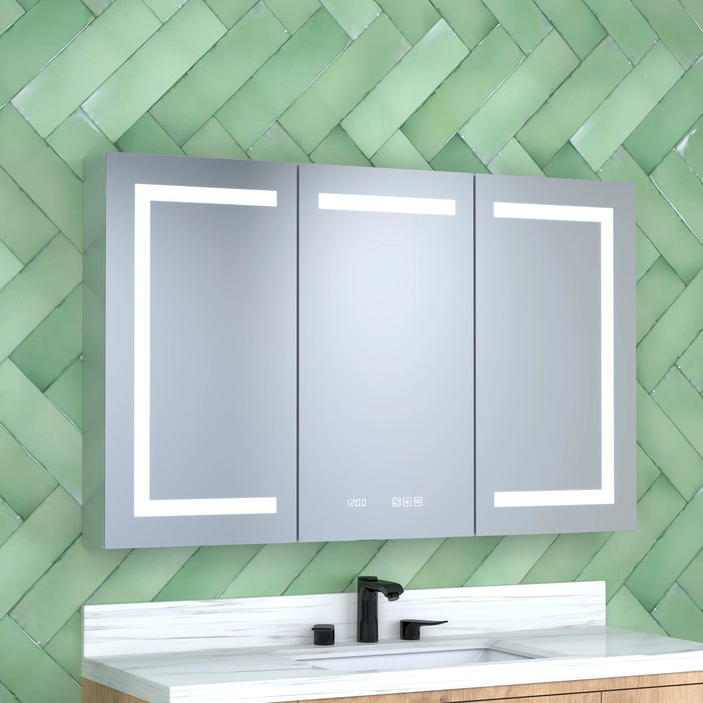 48" X 30" Silver Aluminum Rectangular LED Medicine Cabinet with Clock, Recessed or Surface Mount