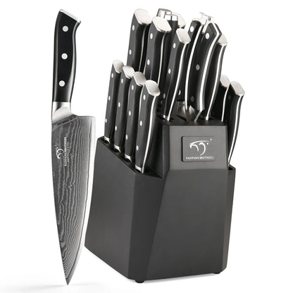 18 Pieces Damascus Steel VG10 Kitchen Tool Kitchen Knives Knife Set with Black Wooden Block with ABS Handle
