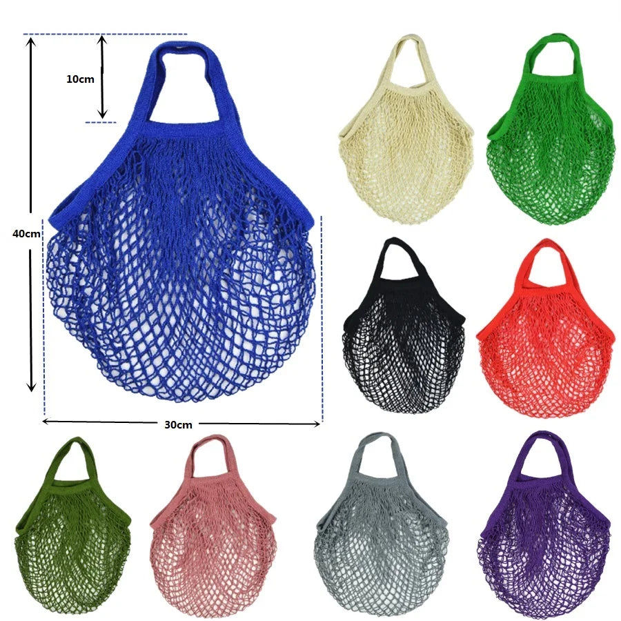 Recycled Reusable Cotton String Mesh Net Shopping Bag Long Handle Fruit Vegetable Grocery Produce Tote for Daily Life Letter