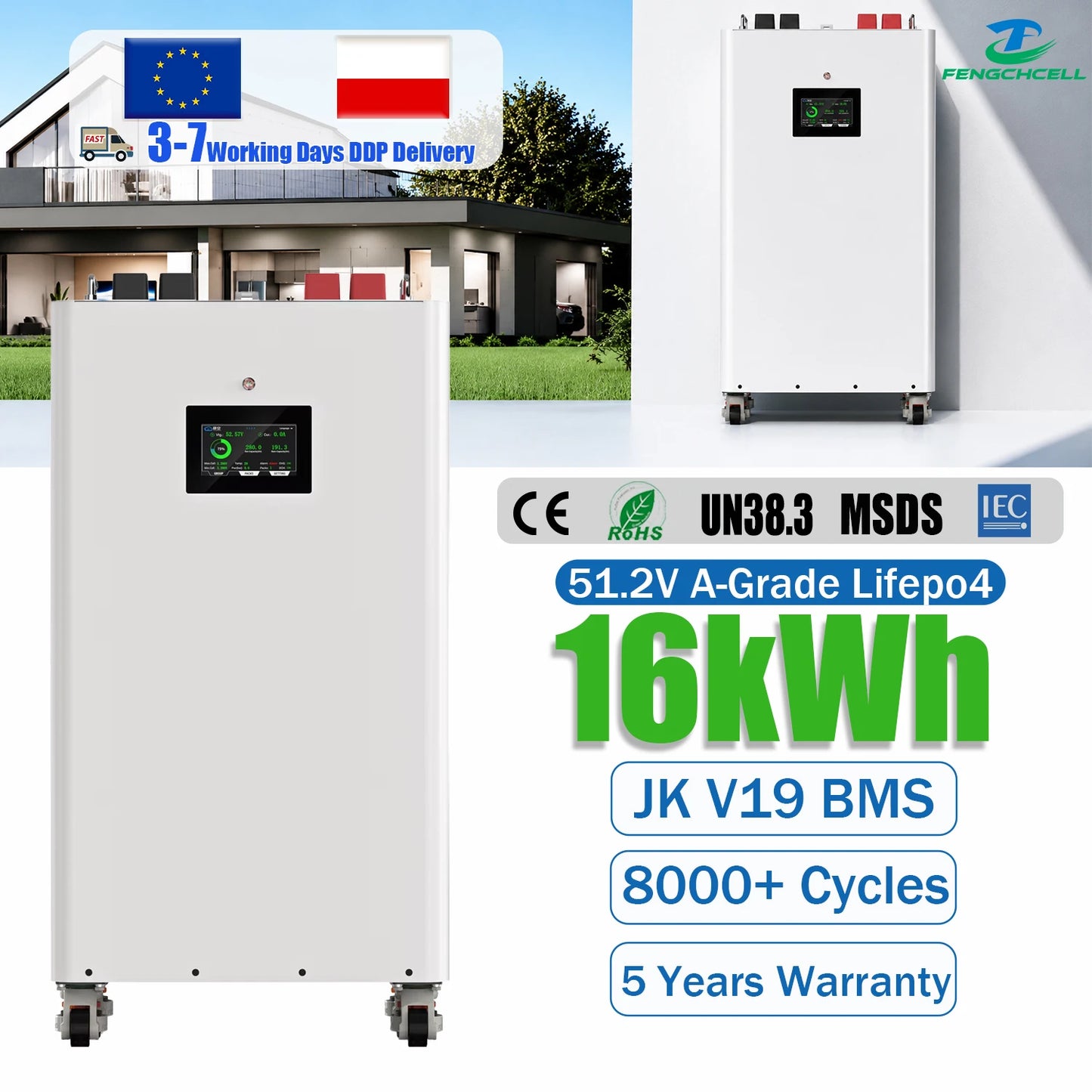 Poland Stock 16kwh Powerwall Lifepo4 Batteries 51.2v 314Ah Vertical Solar Energy Storage System Lithium Battery with JK V19 BMS