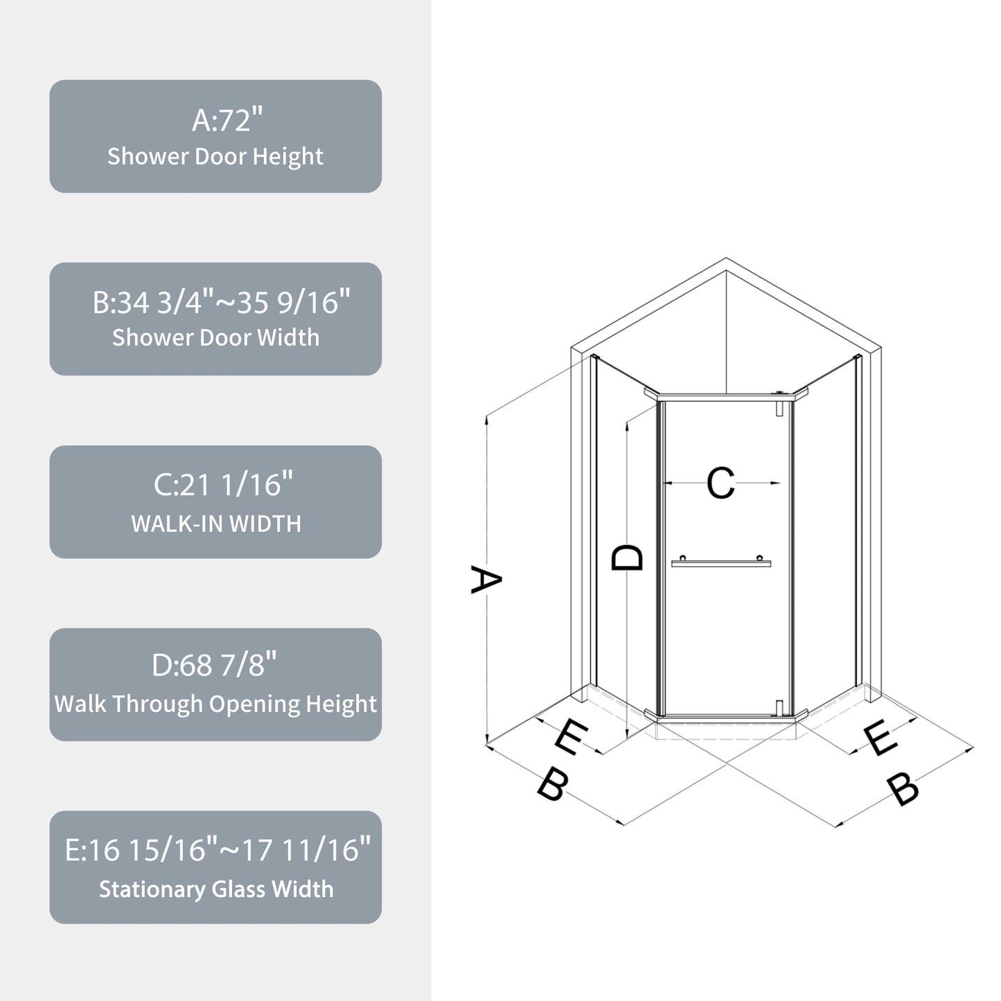 34.75" X 72" Frameless Neo-Angle Pivot Shower Door Matte Black 1/4" Tempered Glass