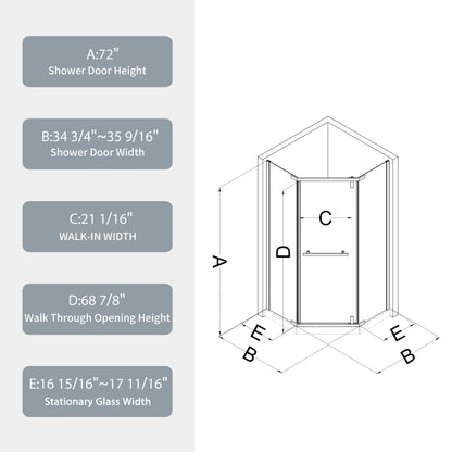 34.75" X 72" Frameless Neo-Angle Pivot Shower Door Matte Black 1/4" Tempered Glass