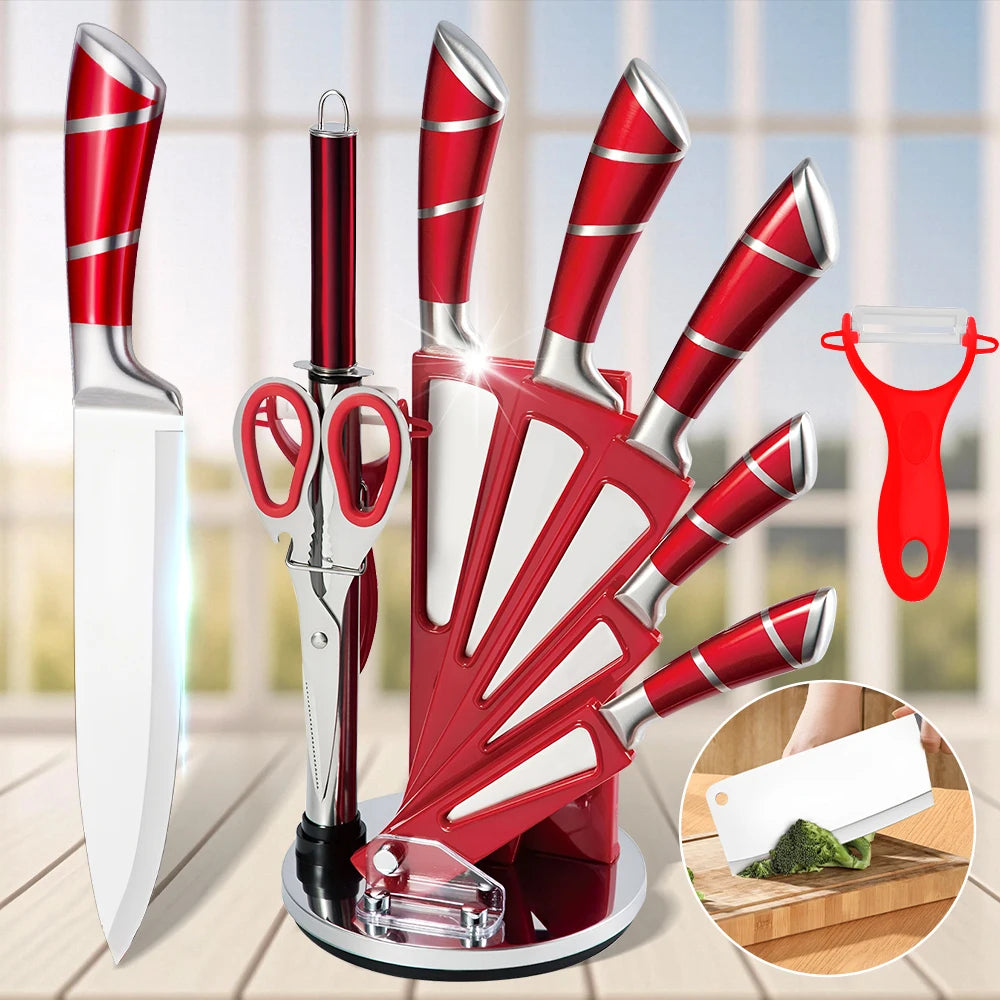9Pcs Professional Chef Knife with Rotatable Block,Non Stick Sharp Stainless Steel Kitchen Knife Set with Sharpener for Home Cook