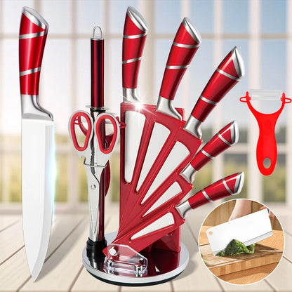 9Pcs Professional Chef Knife with Rotatable Block,Non Stick Sharp Stainless Steel Kitchen Knife Set with Sharpener for Home Cook