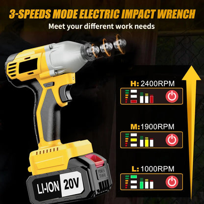 20V Brushless Cordless Impact Wrench Set 1 2 Inch Drive 430NM Max Torque Industrial Grade 3 in 1 Tool Kit Battery Powered