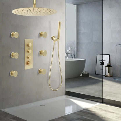 Brass Round Shower Body Spray Jets 6 Pack,2 Inch Brushed Gold Rain Shower Head Wall Mount Rainfall Shower Head Sprayer