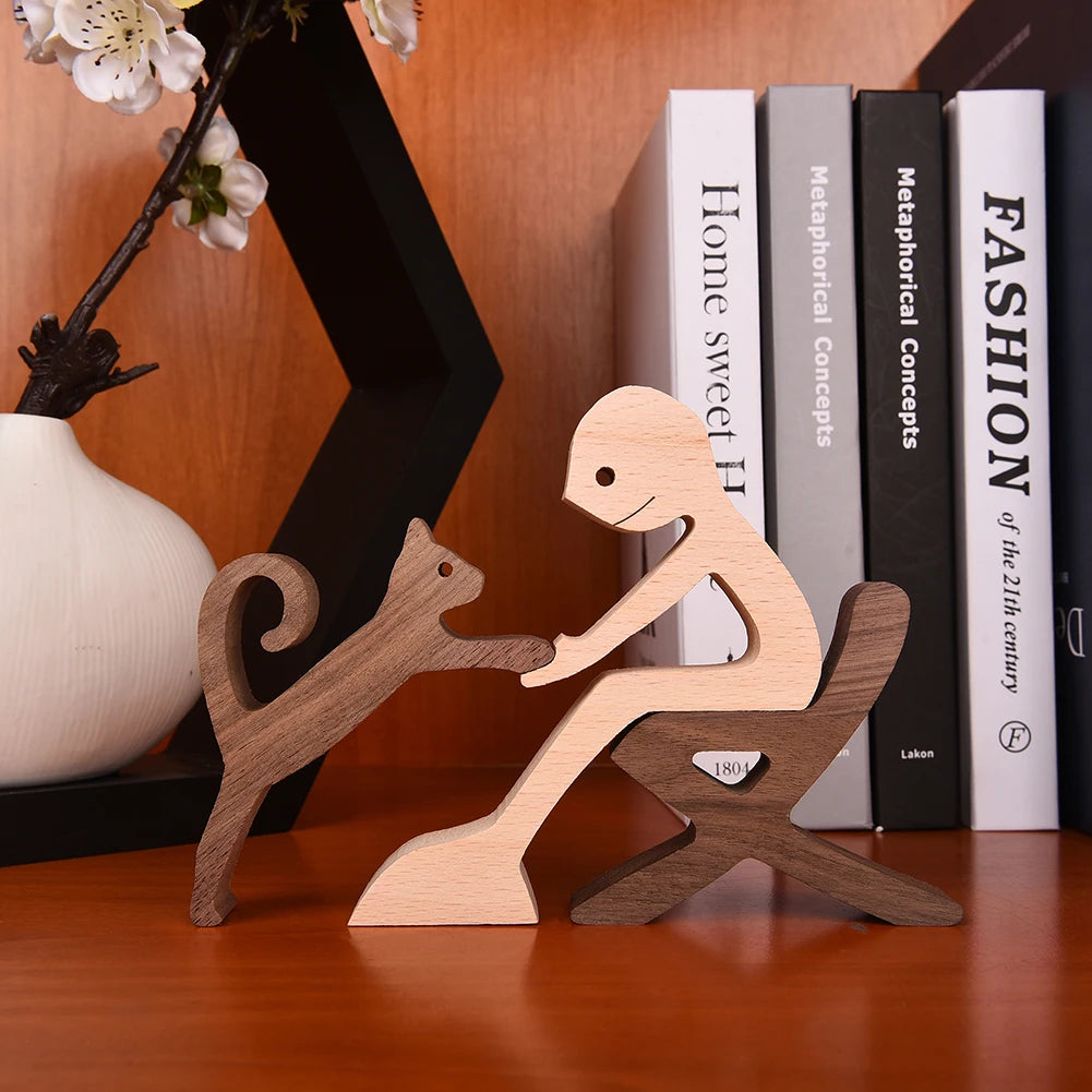 Family Puppy Wood Dog Craft Figurine Desktop Table Ornament Carving Model Home Office Decoration Pet Sculpture Christmas Gift