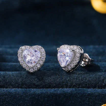 Lucky Brand Gold Heart Crystal & Rhinestone Stud Earrings 925 Silver Claw Setting Romantic Wedding Jewelry for Women