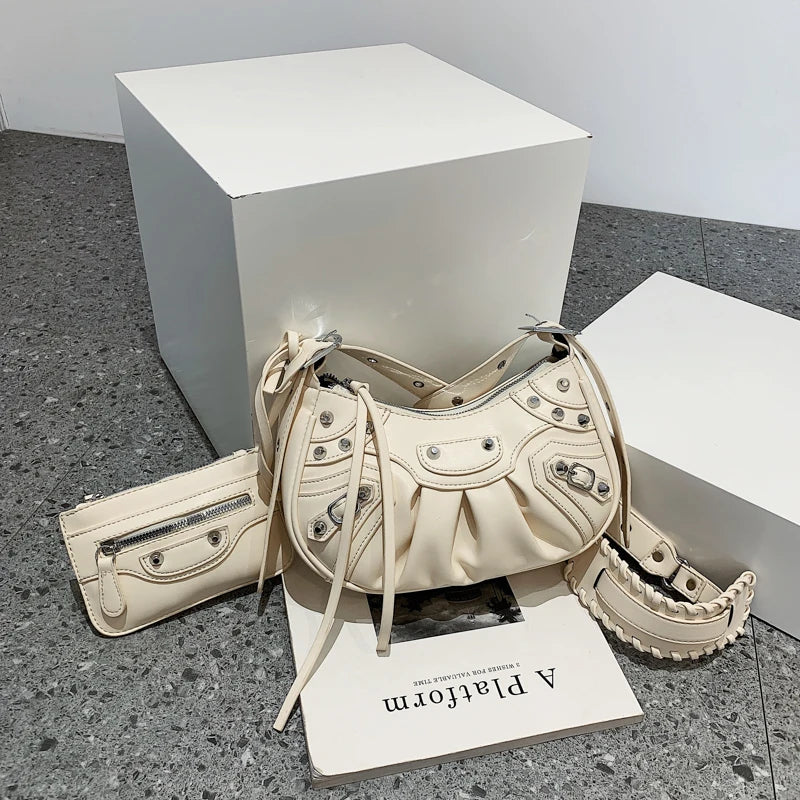 MOQ 1PC Wholesale Ladies Rivet Classic Motorcycle 2-in-1 Crescent Pleated One Shoulder Messenger Underarm Dumpling Bag