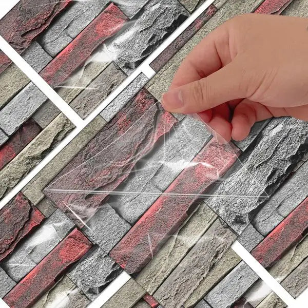 Red Stone Brick Marble PVC Wall Sticker Easy-to-Clean & Water Resistant Peel and Stick for Kitchen and Bathroom