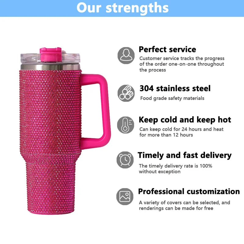 Us Warehouse 40 OZ Rhinestones Bling Durable Coffee Cup Insulated Water Bottles 40 OZ for Home Office Outdoor Daily Use