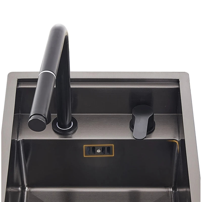 Stainless Steel SS304 Single Bowl Pull Out Faucet Tap New Black Nanometer Flip Cover Hidden Kitchen Sink