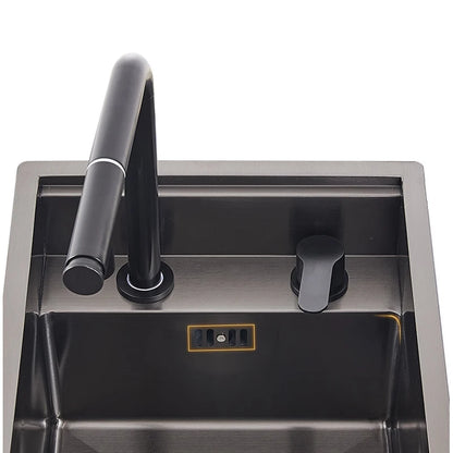Stainless Steel SS304 Single Bowl Pull Out Faucet Tap New Black Nanometer Flip Cover Hidden Kitchen Sink