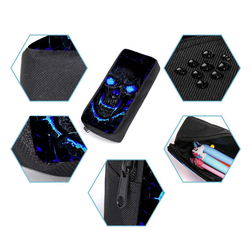 Unisex Three-Piece Set Skull Printed Student Backpack Pencil Bag Lunch Bag Zipper Closure Fashionable Waterproof Polyester