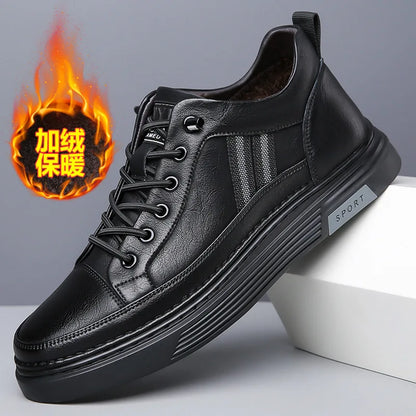 Men's Genuine Leather Lace up Round Toe Sporty Sport Shoes Black Autumn Plush Lined Soft Rubber Sole EVA Midsole Casual