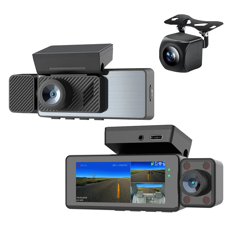Fuallwin 3.16 Inch Touch Screen Car Dashcam DVR 3 Lens 170 Degree 4K Dash Camera Built-in GPS WiFi