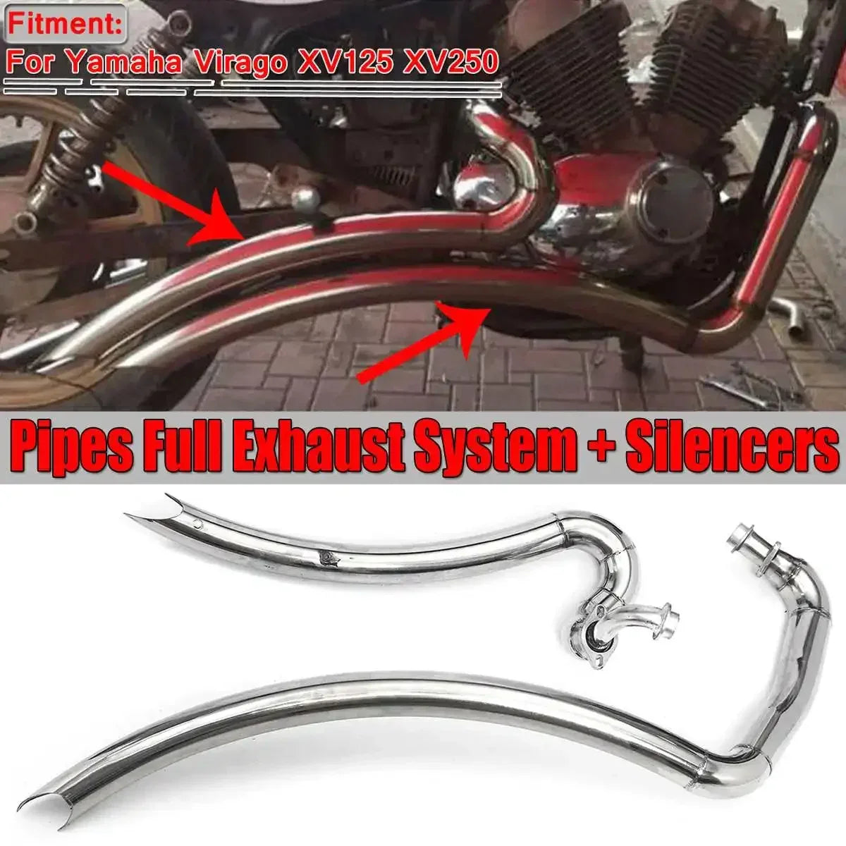 Motorcycle Long Exhaust Muffler Pipe Full System + Silencer for Yamaha Virago XV125 XV250 Moto Stainless Steel Exhaust Pipes