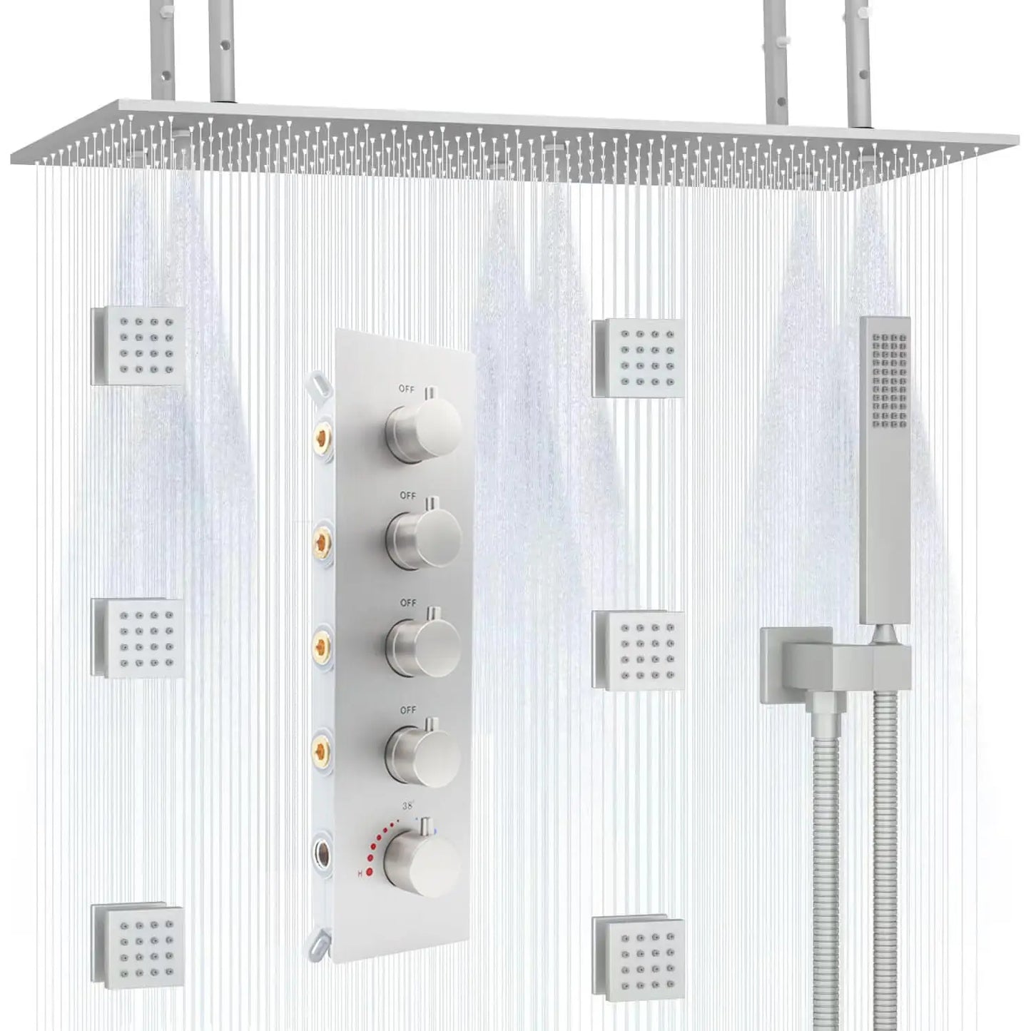 3-Function Thermostatic Rainfall Shower System Soft/Jet Ceramic Brass Wall Mount Shower Faucet Combo Slide Bar Brushed Nickel