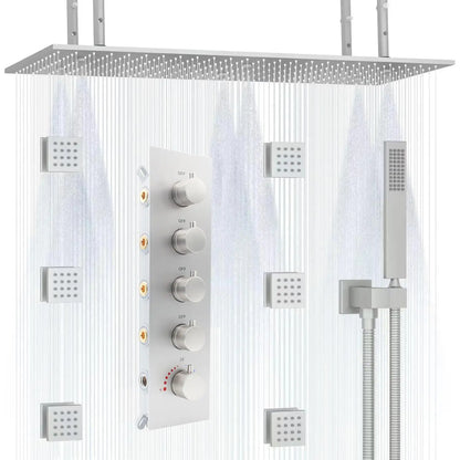 3-Function Thermostatic Rainfall Shower System Soft/Jet Ceramic Brass Wall Mount Shower Faucet Combo Slide Bar Brushed Nickel