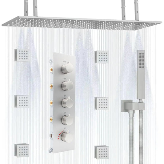 3-Function Thermostatic Rainfall Shower System Soft/Jet Ceramic Brass Wall Mount Shower Faucet Combo Slide Bar Brushed Nickel by PDG ibma