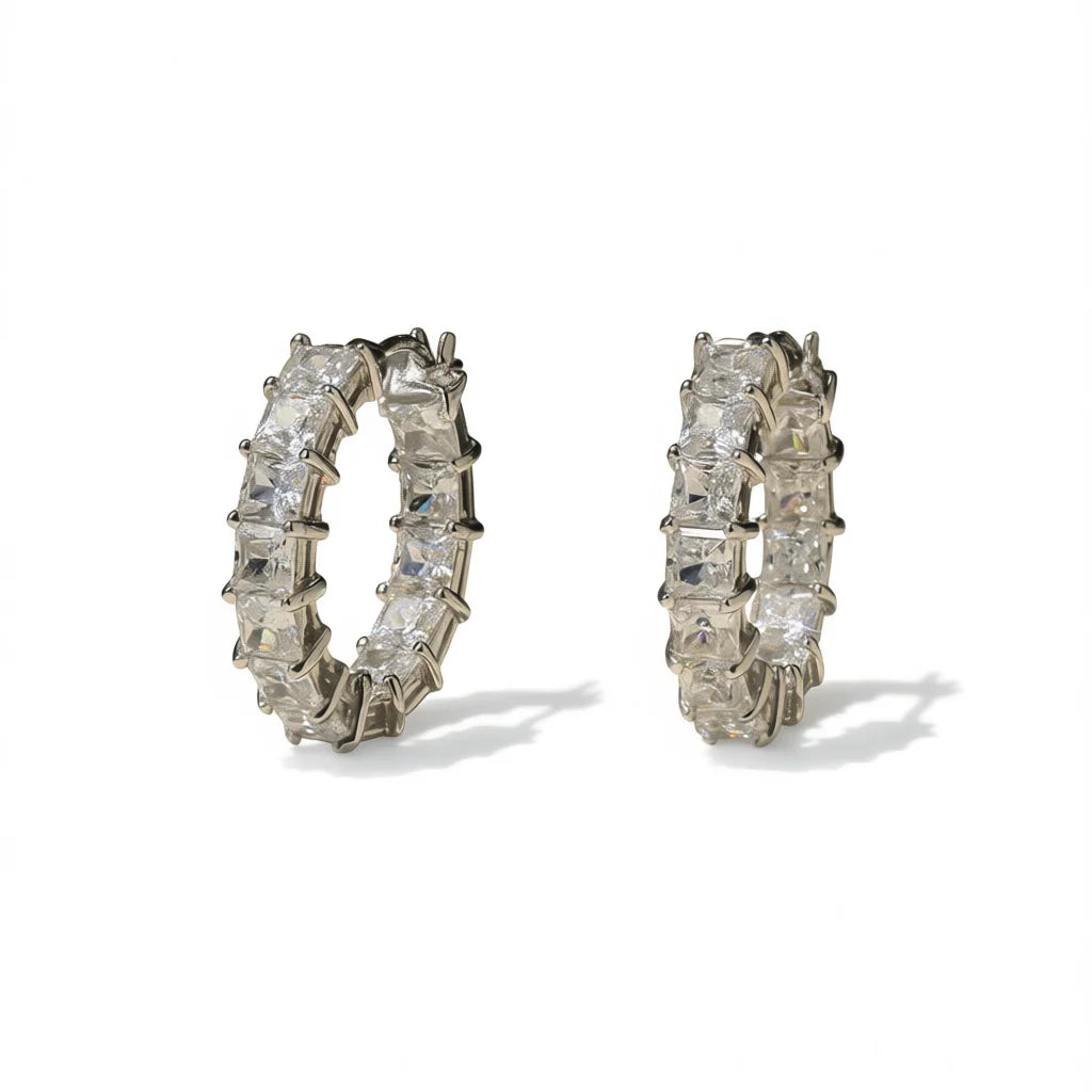 Luxury White Gold Geometric Hoop Earrings Baguette Cut Diamonds Channel Setting Inlay Technology for Women Everyday Wear Fine