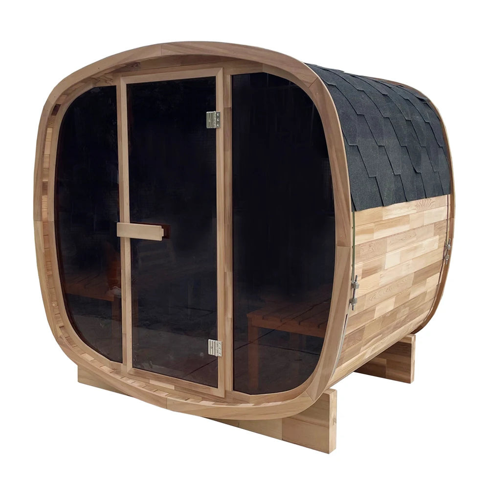 4 People Outdoor-style Traditional Sauna Room with Spliced Red Cedar square Frame and Tea-colored Glass Steam Sauna