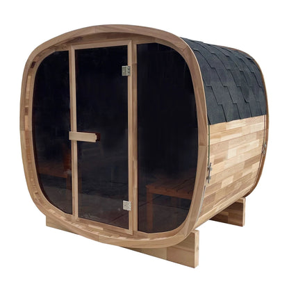 4 People Outdoor-style Traditional Sauna Room with Spliced Red Cedar square Frame and Tea-colored Glass Steam Sauna