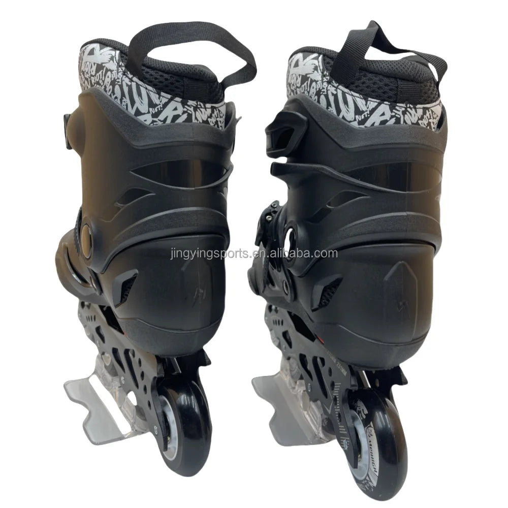 Jing Stock Urban Freestyle Slalom Black White 4 Wheels Hard Boot Roller Inline Skate for Adult