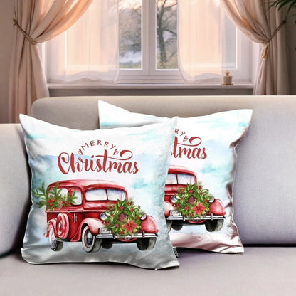HMS Set of Two 18\" Vintage Luxury Red White Merry Christmas Holiday Van Fabric Throw Pillow Covers Eco-Friendly Metallic Style