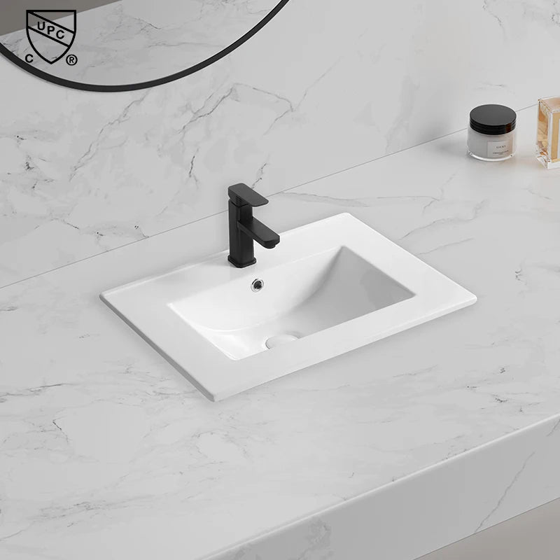 Modern 500mm Integrated White Ceramic Rectangular Top Vanity Bathroom Sink Joystick Handle Single-Hole Stone Thin Edge Basin