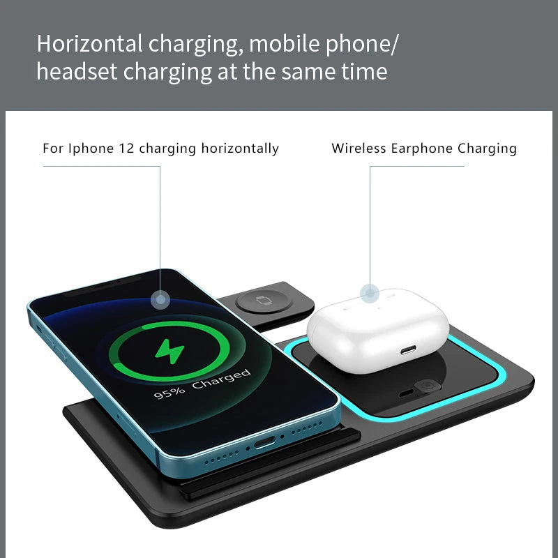 15w Fast Charging Multifunctional Chargers Station With Night Light 3 In1 Foldable Charger Mobile Phone Holder Watch Earphone
