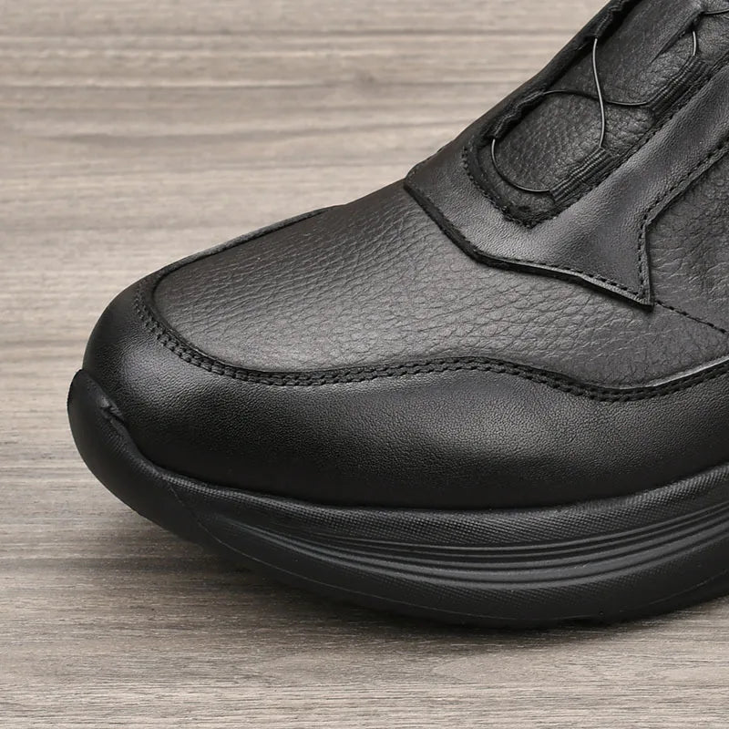 Men's Genuine Cow Leather Round Toe Walking Shoes With Buckle Anti Slippery Low Heel Rubber Outsole Solid Color Casual